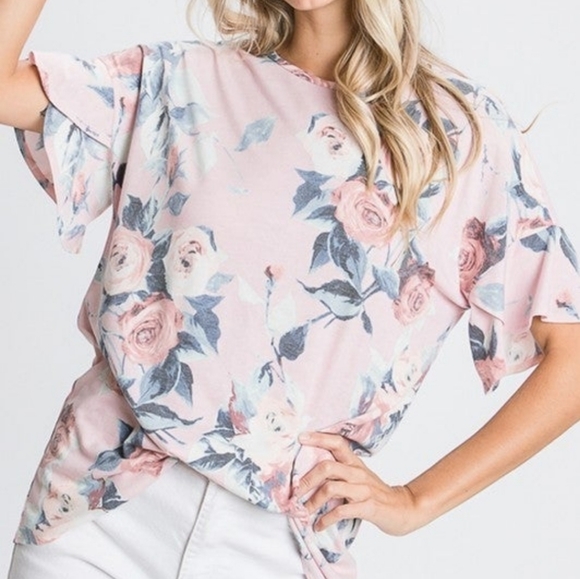 Sweetbb Tops - Blush Floral Ruffle Sleeve Top